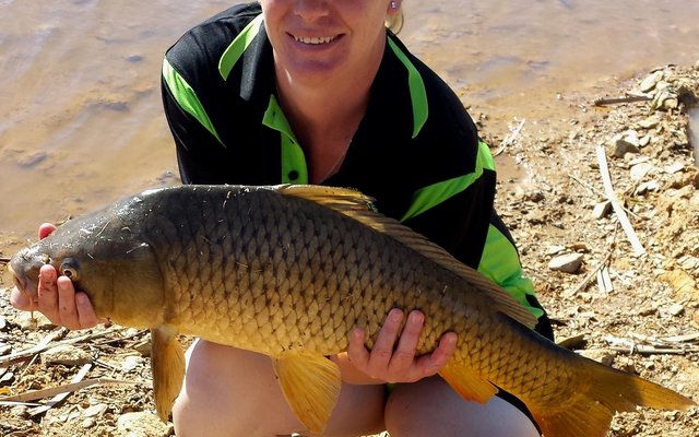 Sandrie Wessels met een van haar persoonlike bestes onder die varswatervisse, ‘n yslike karp van 6.62kg